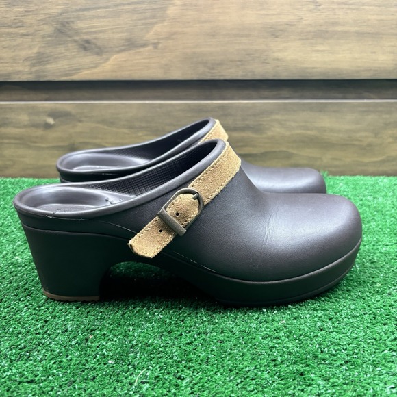 Crocs Signature Cobbler Clogs Brown Slip On Heels Dual Comfort Shoes Women's 7 - Picture 6 of 16